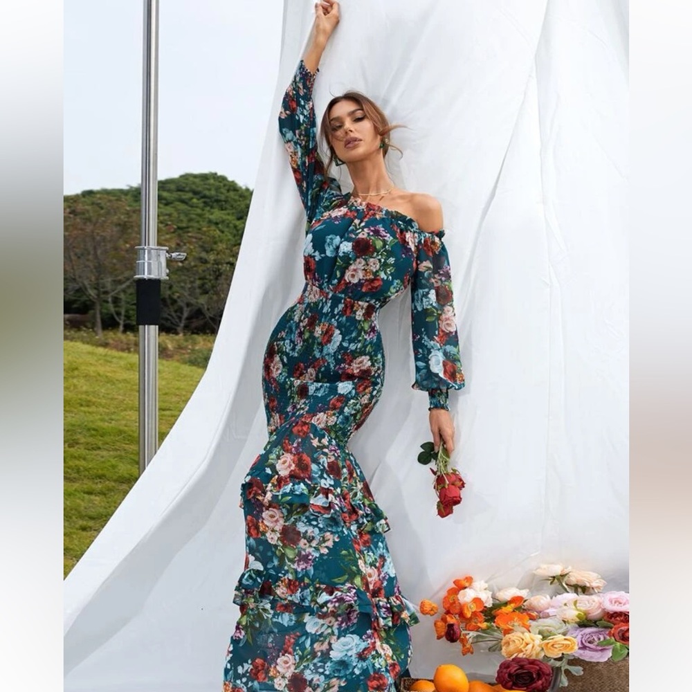 Missord Floral Print Off Shoulder Bishop Sleeve Shirred Ruffle Mermaid Hem Dress